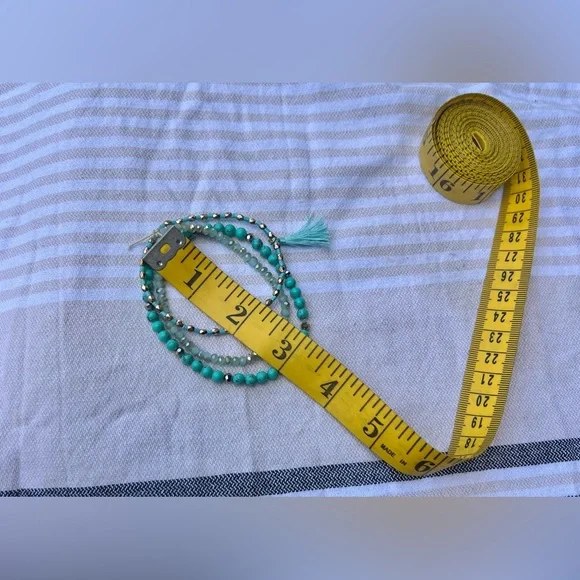 Artisan Mermaidcore Turquoise and Gold Tone Bead Tassel Stretch Bracelet Set - Picture 4 of 5